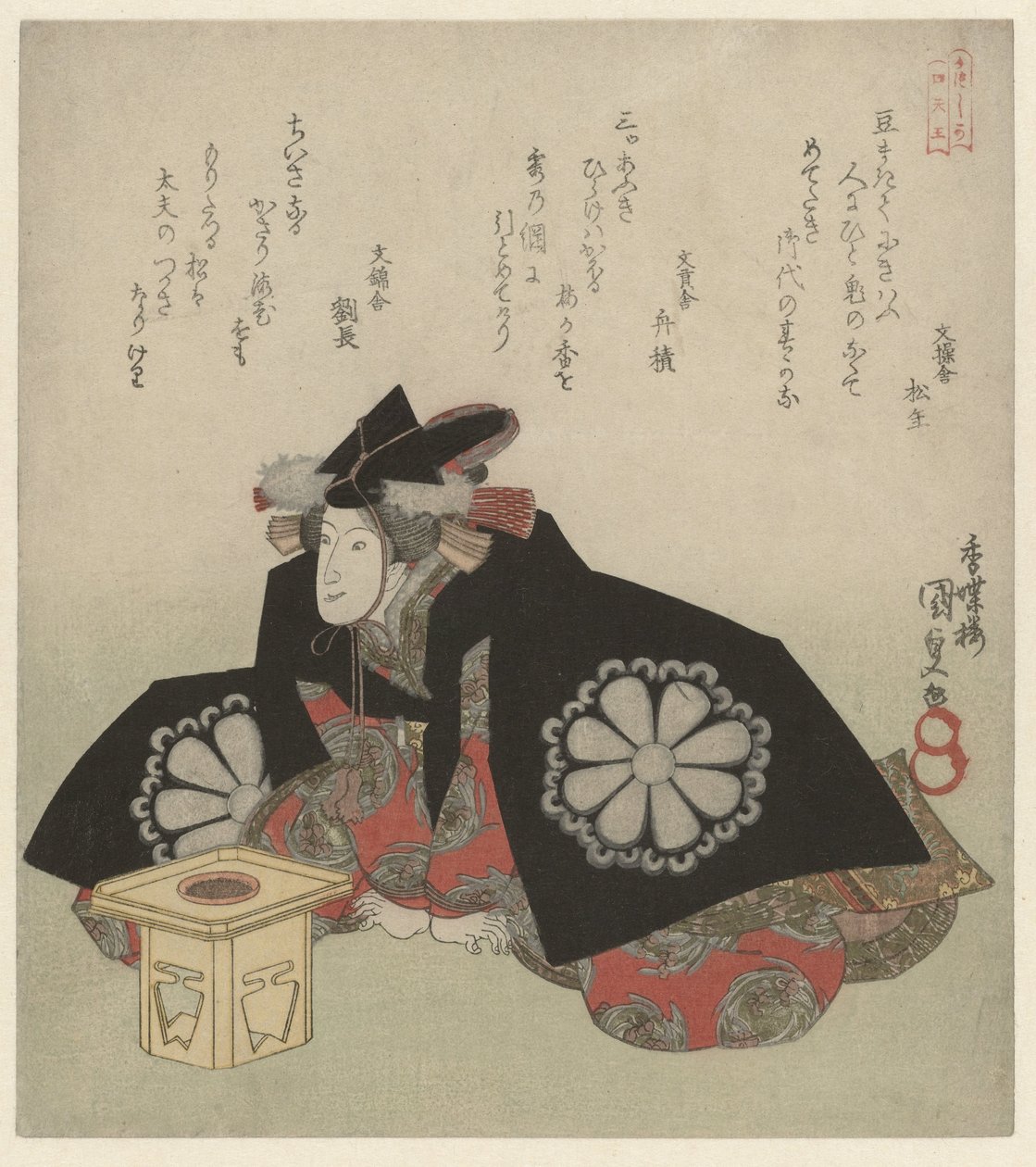Frau, die vor einem Opferstand sitzt von Utagawa Kunisada (I)