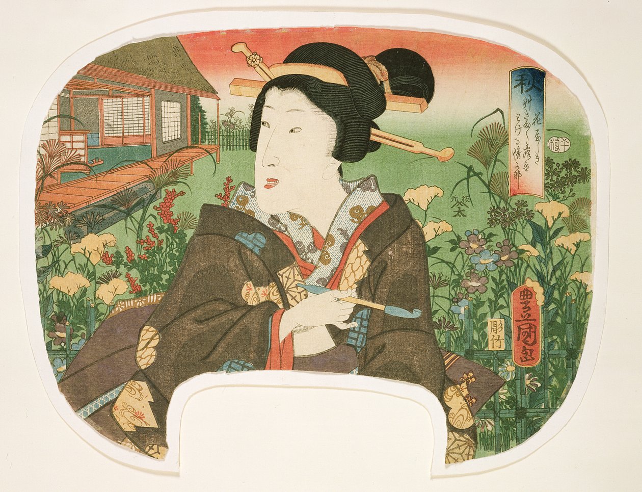 Herbst, Hanayashiki: Eine Geisha mit einer Pfeife, Design für einen Fächer aus einem Satz von vier Jahreszeiten, 1858-60 von Utagawa Kunisada