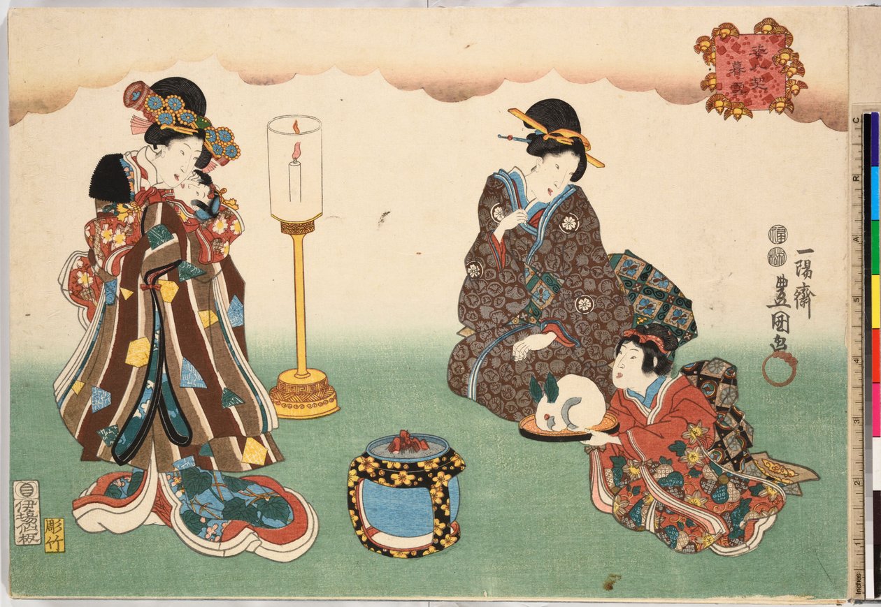 Abendschnee Bo-setsu, aus der Serie Acht figürliche Ansichten Sugata Hakkei, ca. 1850 von Utagawa Kunisada