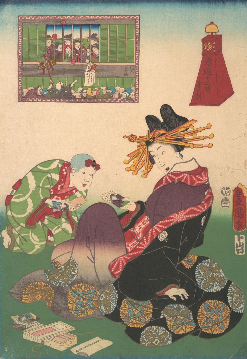 Zwölf Stunden Frühlingsfreuden: Stunde der Ziege von Utagawa Kunisada