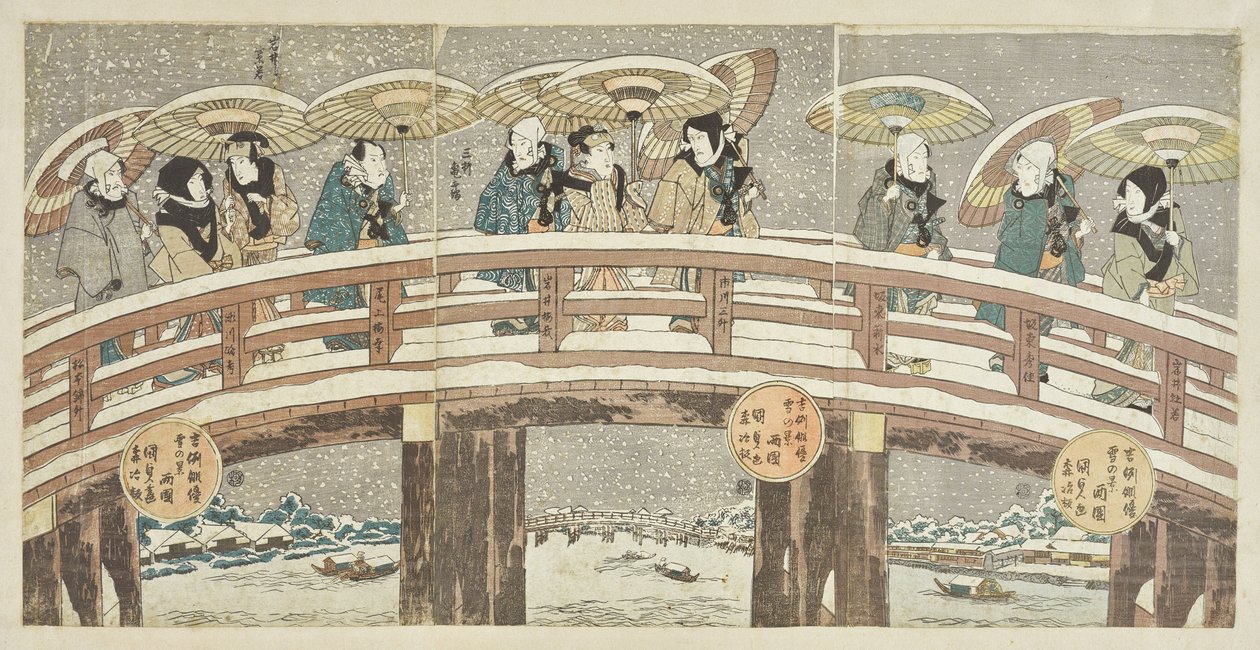 Winterszene mit Glück verheißenender Schauspielerprozession von Utagawa Kunisada