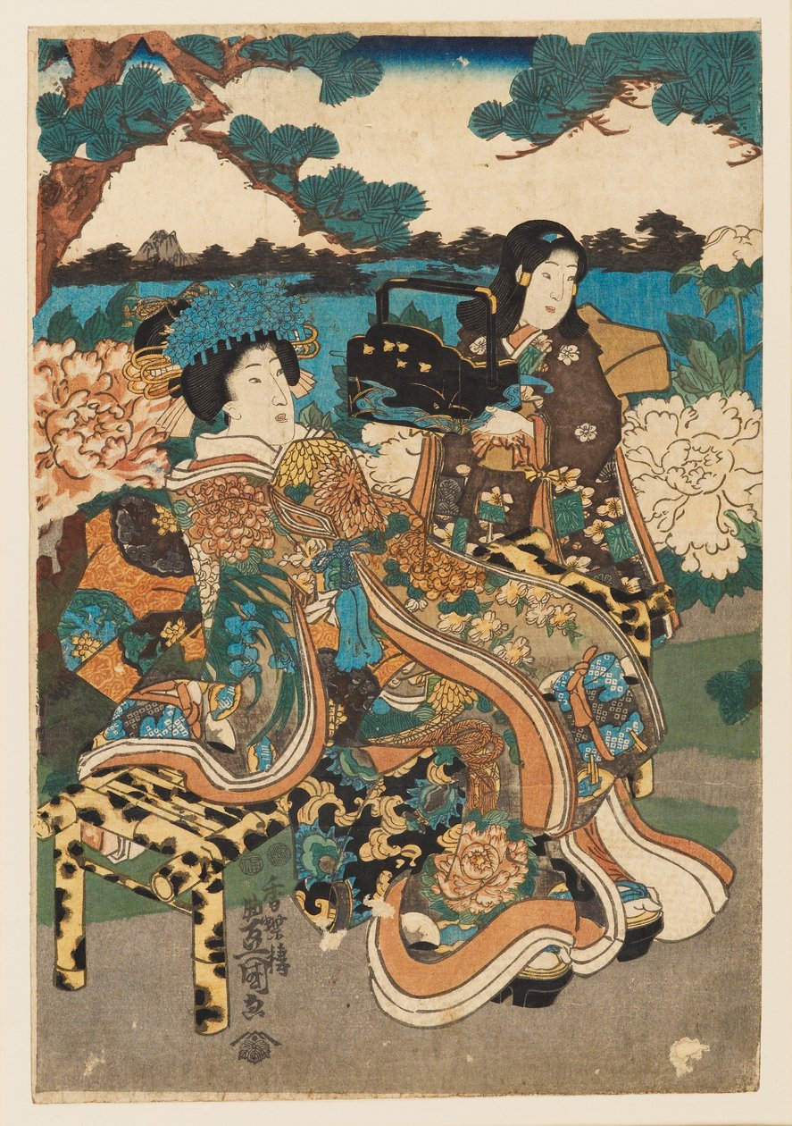 Holzschnitt - Kurtisane und Magd von Utagawa Kunisada