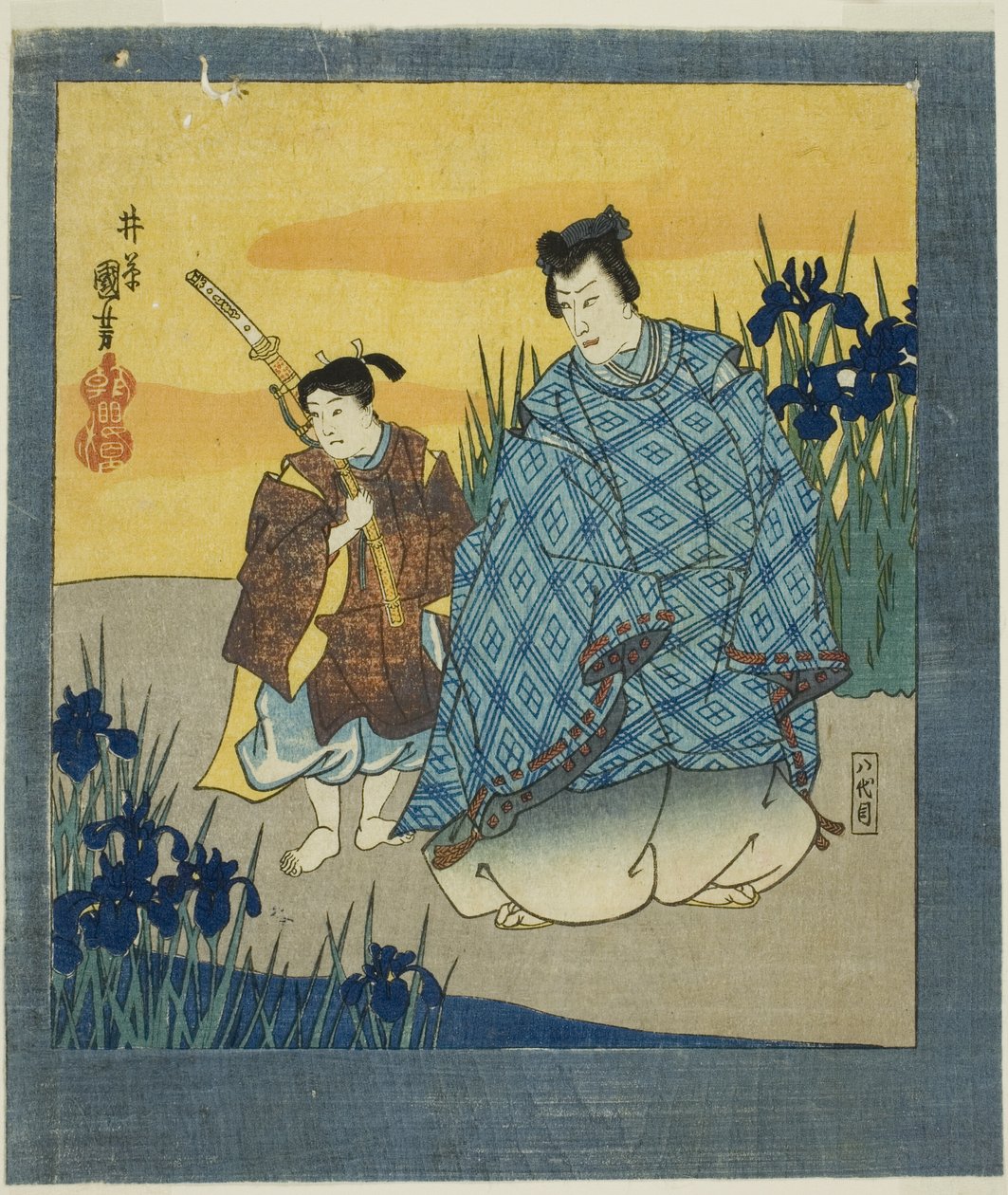 Schauspieler Ichikawa Danjuro VIII als Narihira bei Yatsuhashi aus "Ein sechsteiliges Paravent berühmter Bilder (Meiga rokushi byobu)" von Utagawa Kuniyoshi