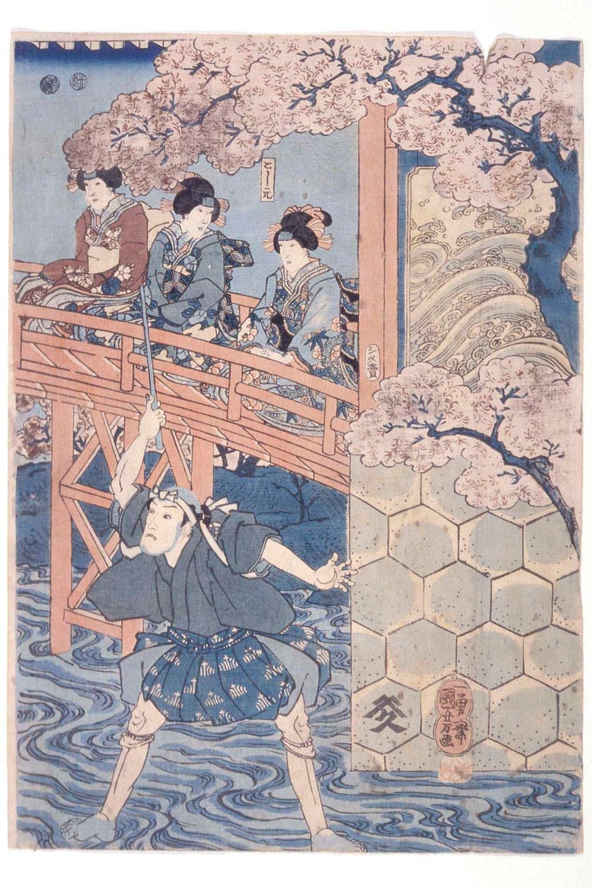 Bandō Hikosaburō IV als Ashikaga Yoshimasa und Ichikawa Kodanji IV als Asakura Tōgo aus dem Kabuki-Stück, Higashiyama sakura sōshi von Utagawa Kuniyoshi