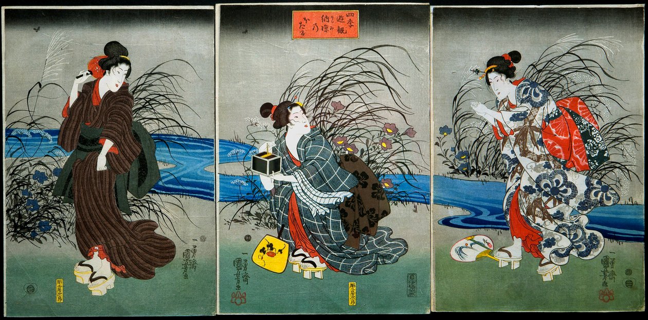 Glühwürmchen fangen im Sommer (Nōryō no hotaru) Serie: Vergnügungen der vier Jahreszeiten (Shiki yūkan), ca. 1845-1846 von Utagawa Kuniyoshi