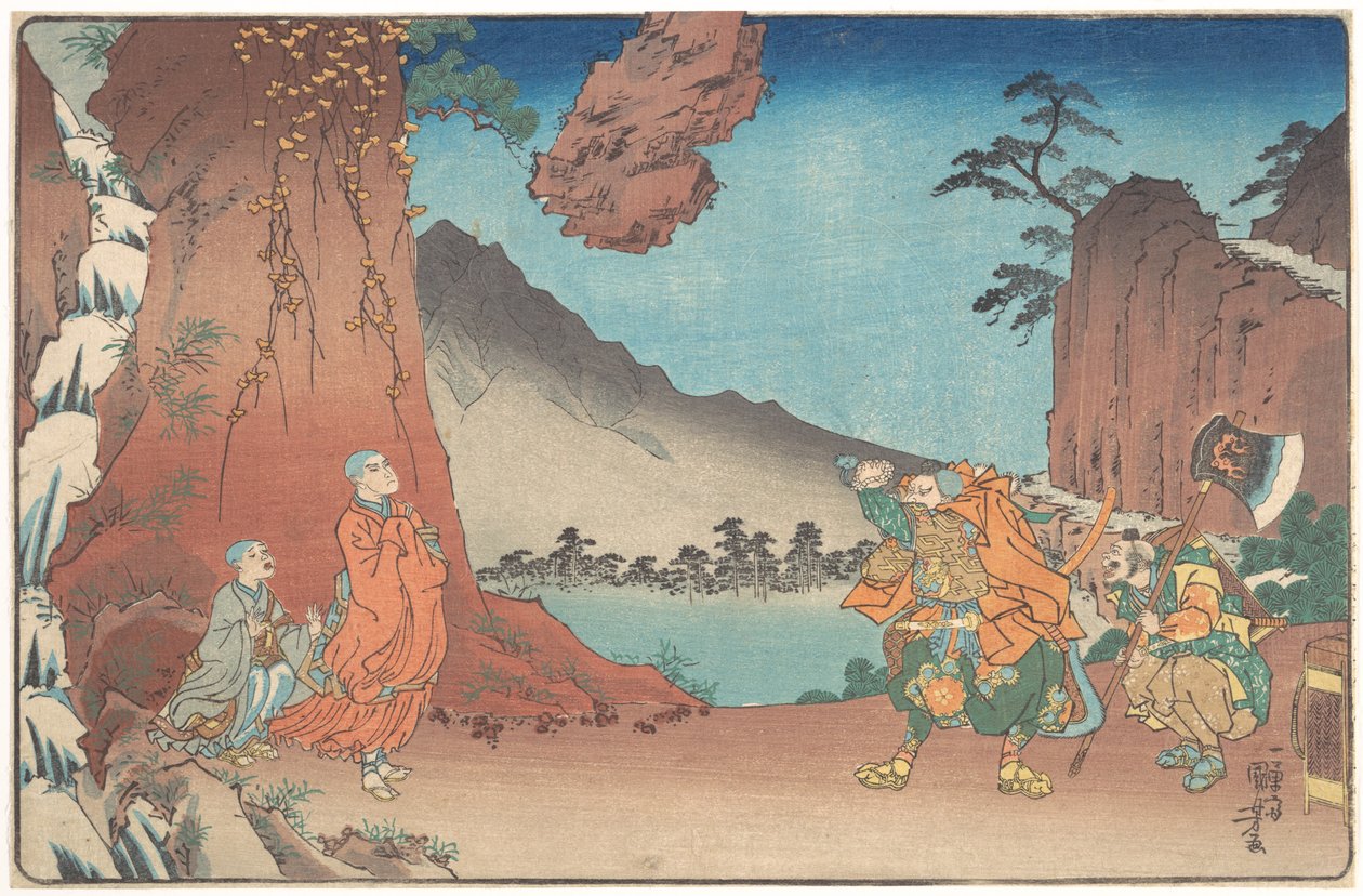 Kompakte illustrierte Biografie von Mönch Nichiren: Felsen, der durch die Kraft des Gebets am Komuro-Berg aufgehängt ist von Utagawa Kuniyoshi