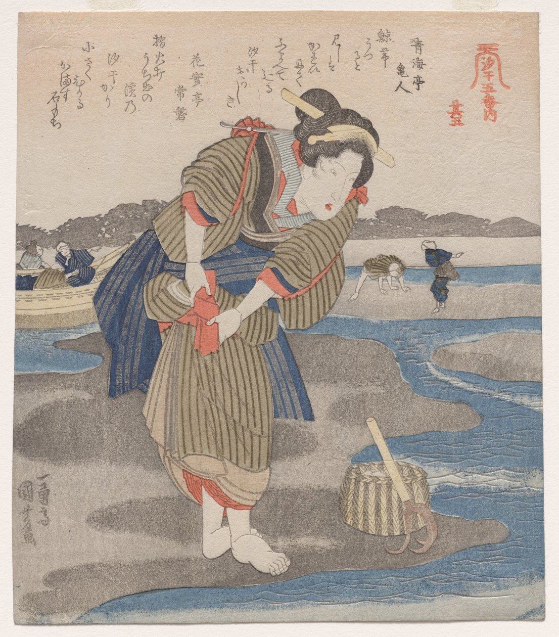Frau, die ihren Rock befestigt; aus der Serie Fünf Bilder von Ebbe von Utagawa Kuniyoshi
