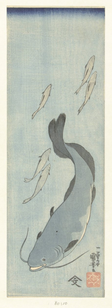 Wels und fünf Forellen von Utagawa Kuniyoshi