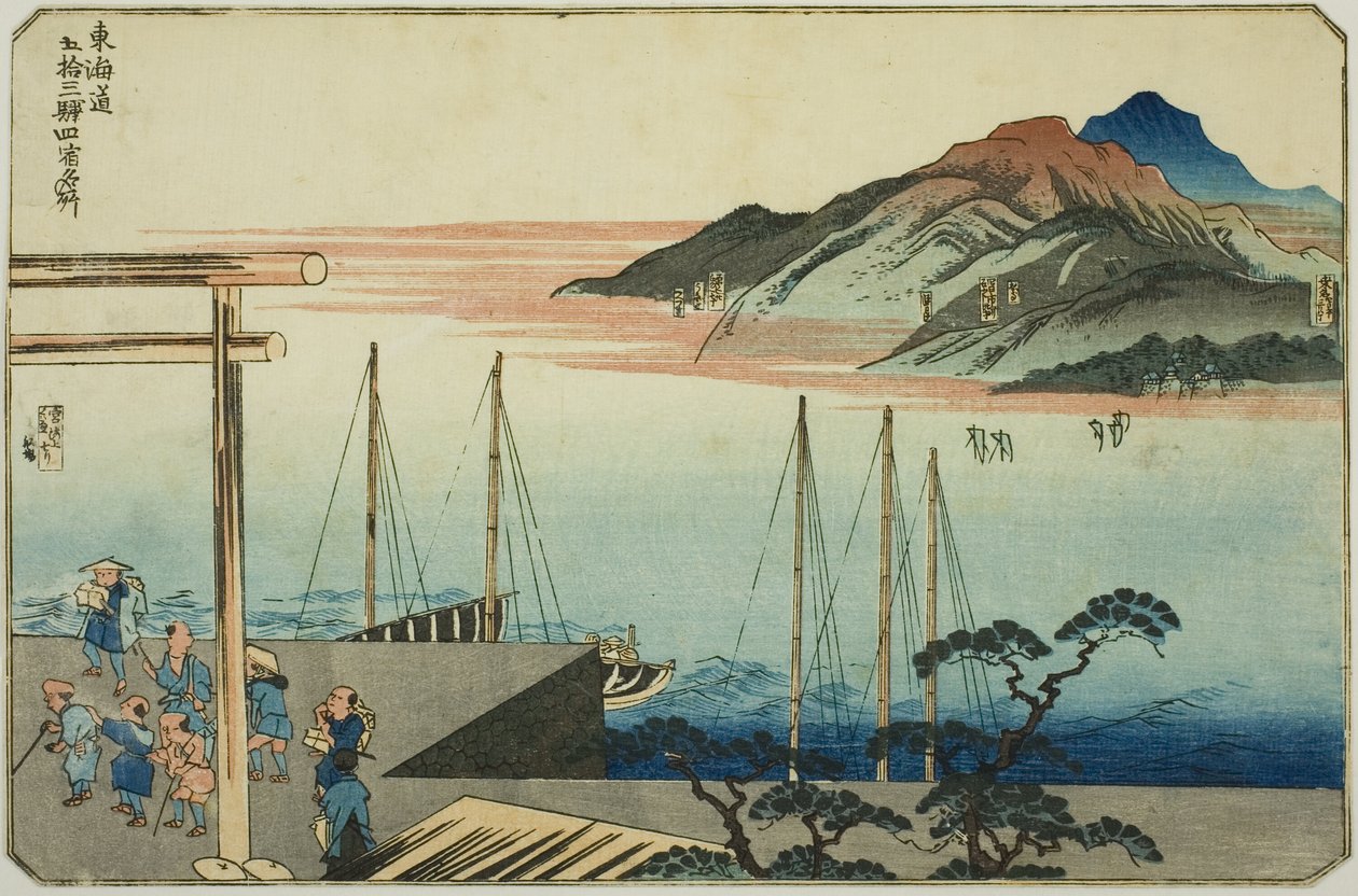 Miya, Kuwana, Yokkaichi und Ishiyakushi, aus der Serie "Berühmte Orte an den 53 Stationen des Tokaido, vier Stationen (Tokaido gojusan eki yonshuku meisho)" von Utagawa Kuniyoshi