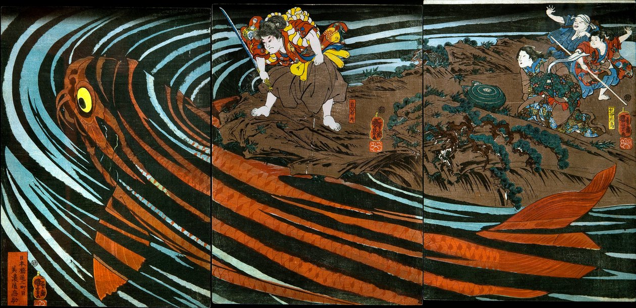 Oniwaka-maru kurz vor dem Angriff auf den monströsen Karpfen von Utagawa Kuniyoshi