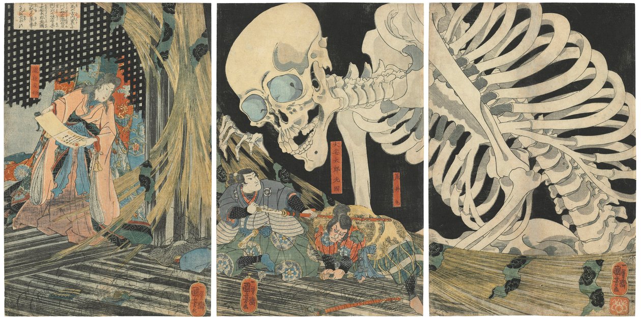 Oyataro Mitsukuni trotzt dem Skelettgespenst, das von Prinzessin Takiyasha heraufbeschworen wurde, 1844-1845 von Utagawa Kuniyoshi