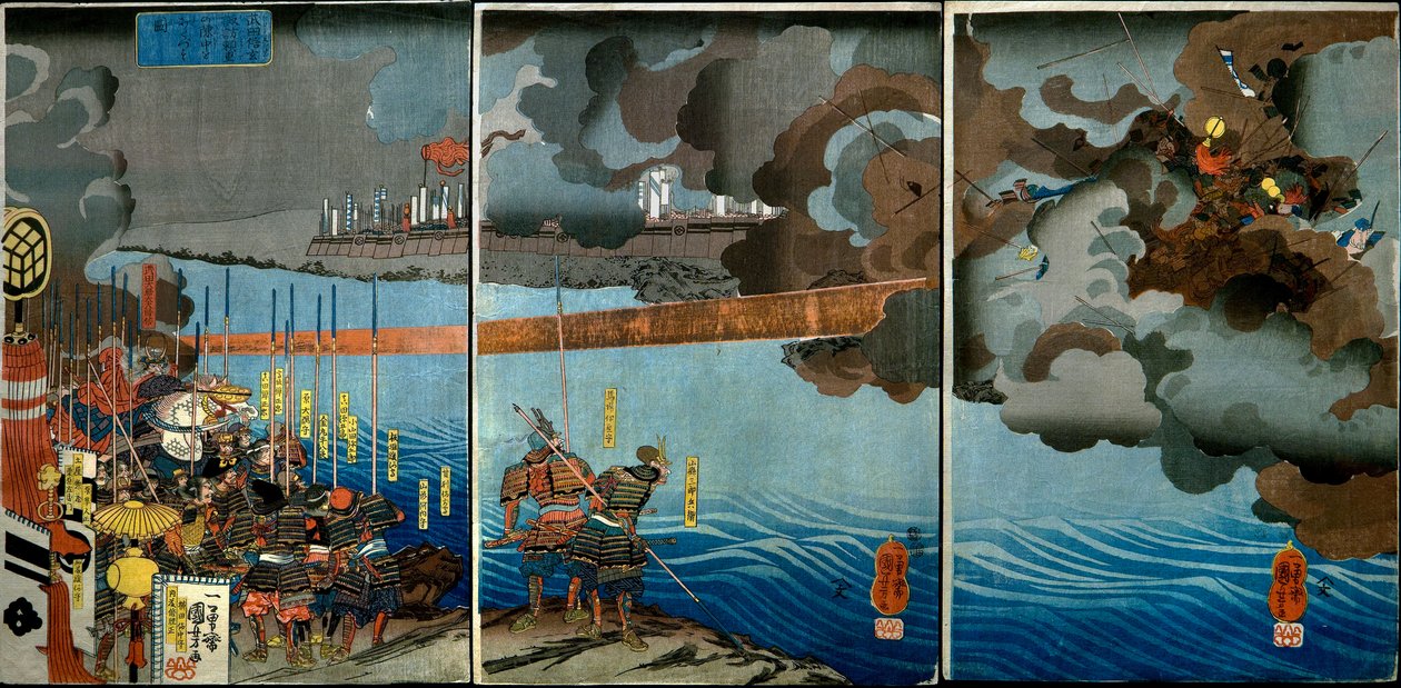 Takeda Shingen zerschmettert die Streitkräfte von Suwa Yorishige (Takeda Shingen Suwa Yorishige no jinchū o uchi-kuzusu zu), ca. 1850-51 von Utagawa Kuniyoshi
