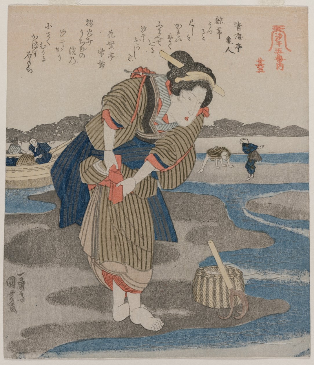Frau, die ihren Rock befestigt; aus der Serie Fünf Bilder von Ebbe von Utagawa Kuniyoshi