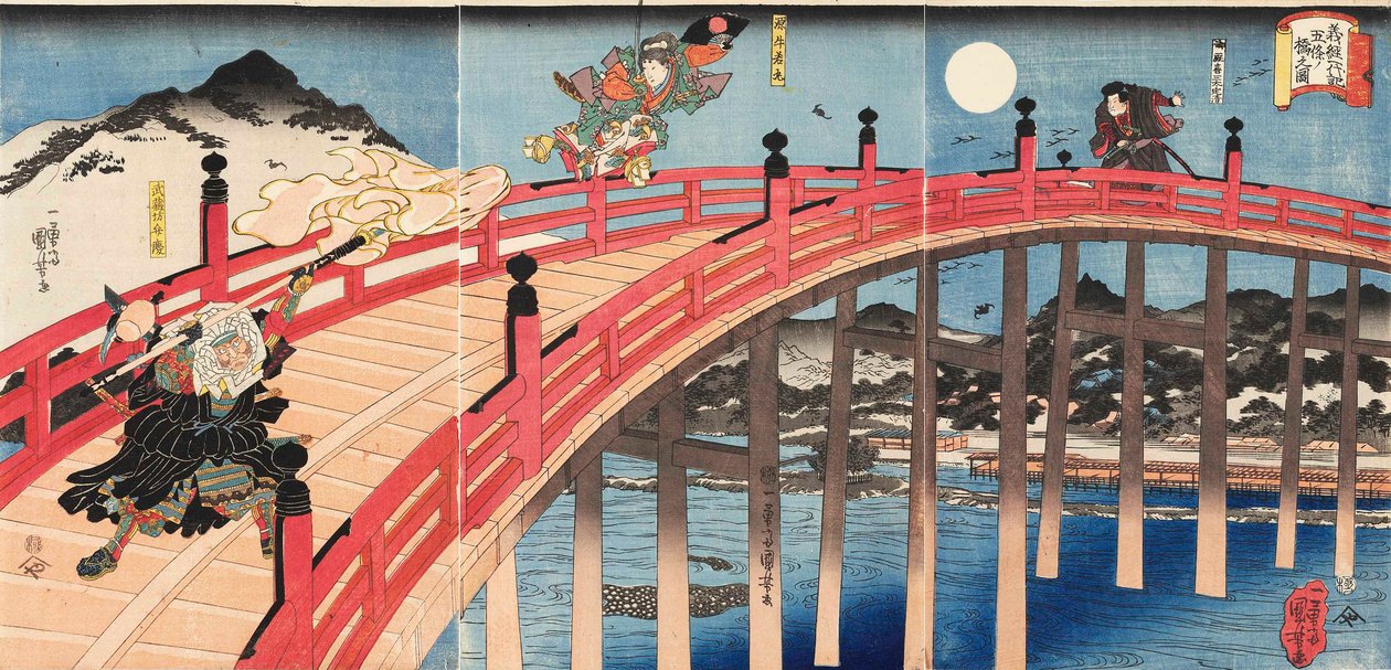 Yoshitsune ichidaiki Gojo-no-hashi no zu, ca. 1839 von Utagawa Kuniyoshi