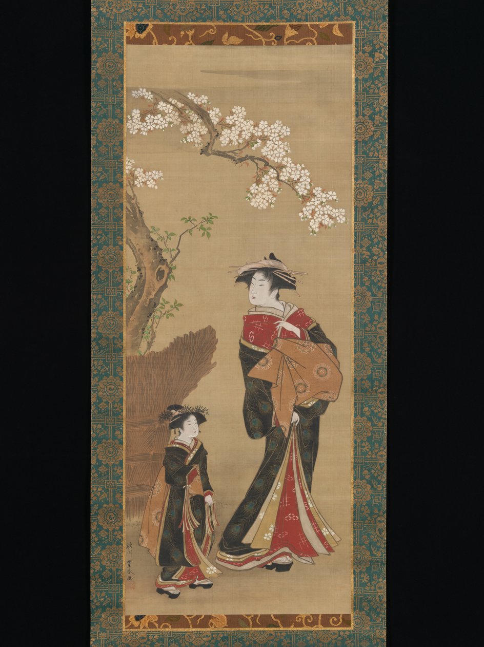 Kurtisane und ihre Begleiterin unter einem Kirschbaum von Utagawa Toyoharu