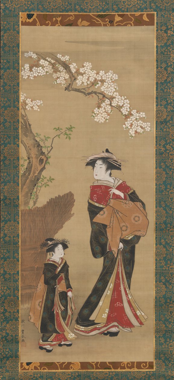 Kurtisane und ihre Begleiterin unter einem Kirschbaum von Utagawa Toyoharu