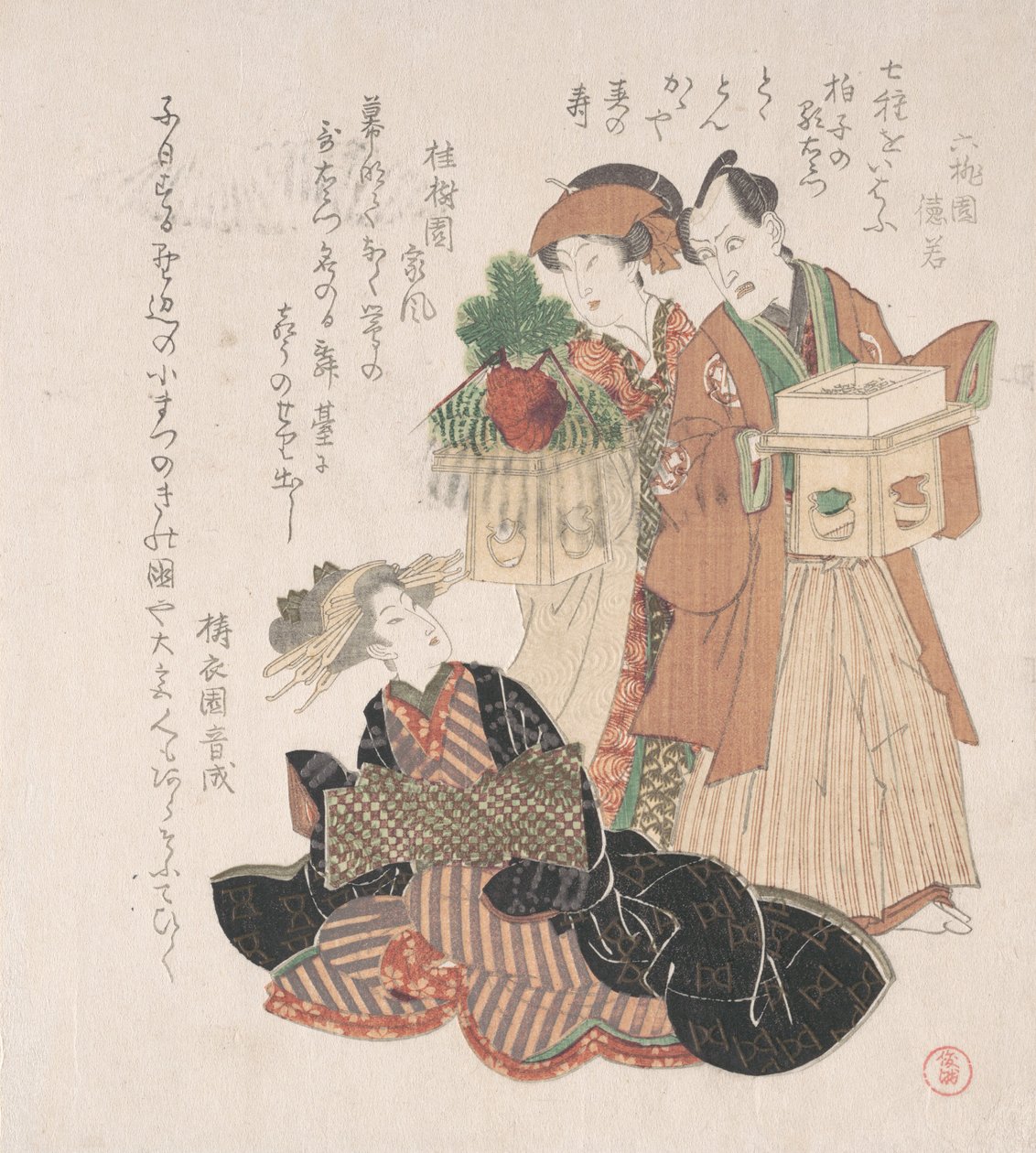 Schauspieler Nakamura Utayemon mit zwei Frauen, die sich auf die Neujahrszeremonie vorbereiten, 19. Jahrhundert von Utagawa Toyokuni I