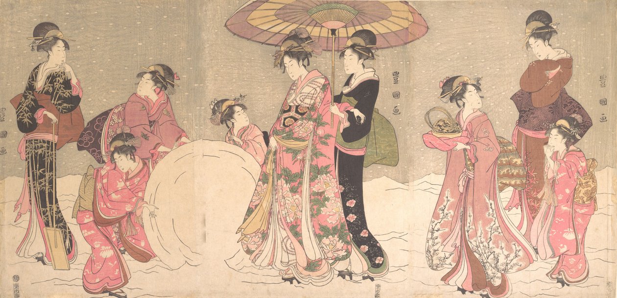 Kurtisanen und Begleiter machen einen riesigen Schneeball von Utagawa Toyokuni I