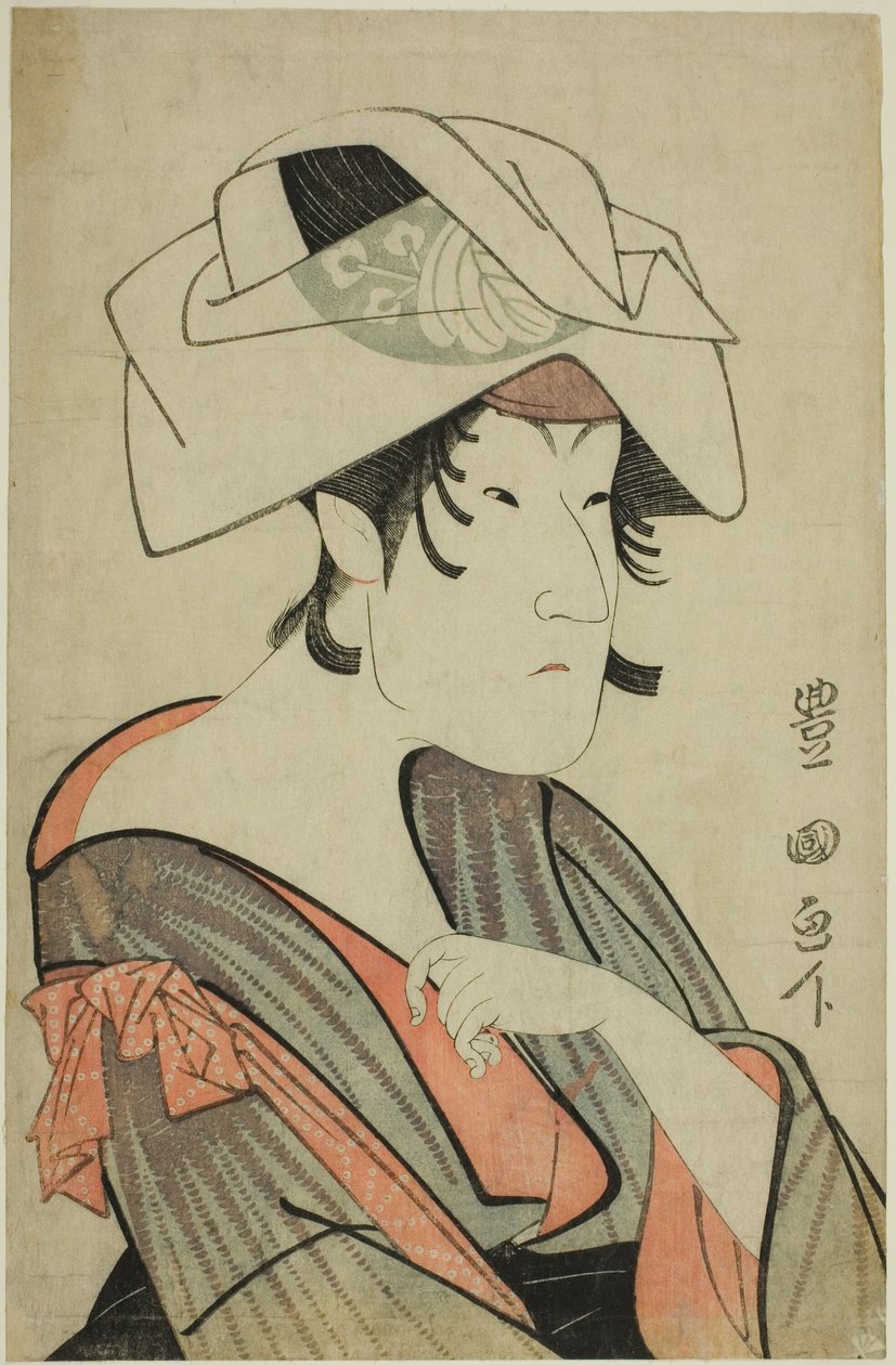 Nakayama Tomisaburo. Als Frau verkleidet mit einem Handtuch auf dem Kopf von Utagawa Toyokuni I