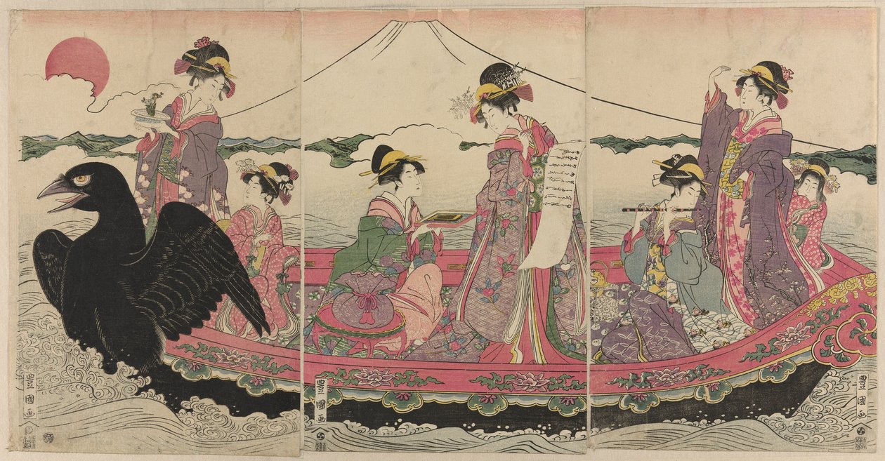 Frauen auf einem Boot zu Neujahr, die die Sieben Glücksgötter nachahmen von Utagawa Toyokuni I