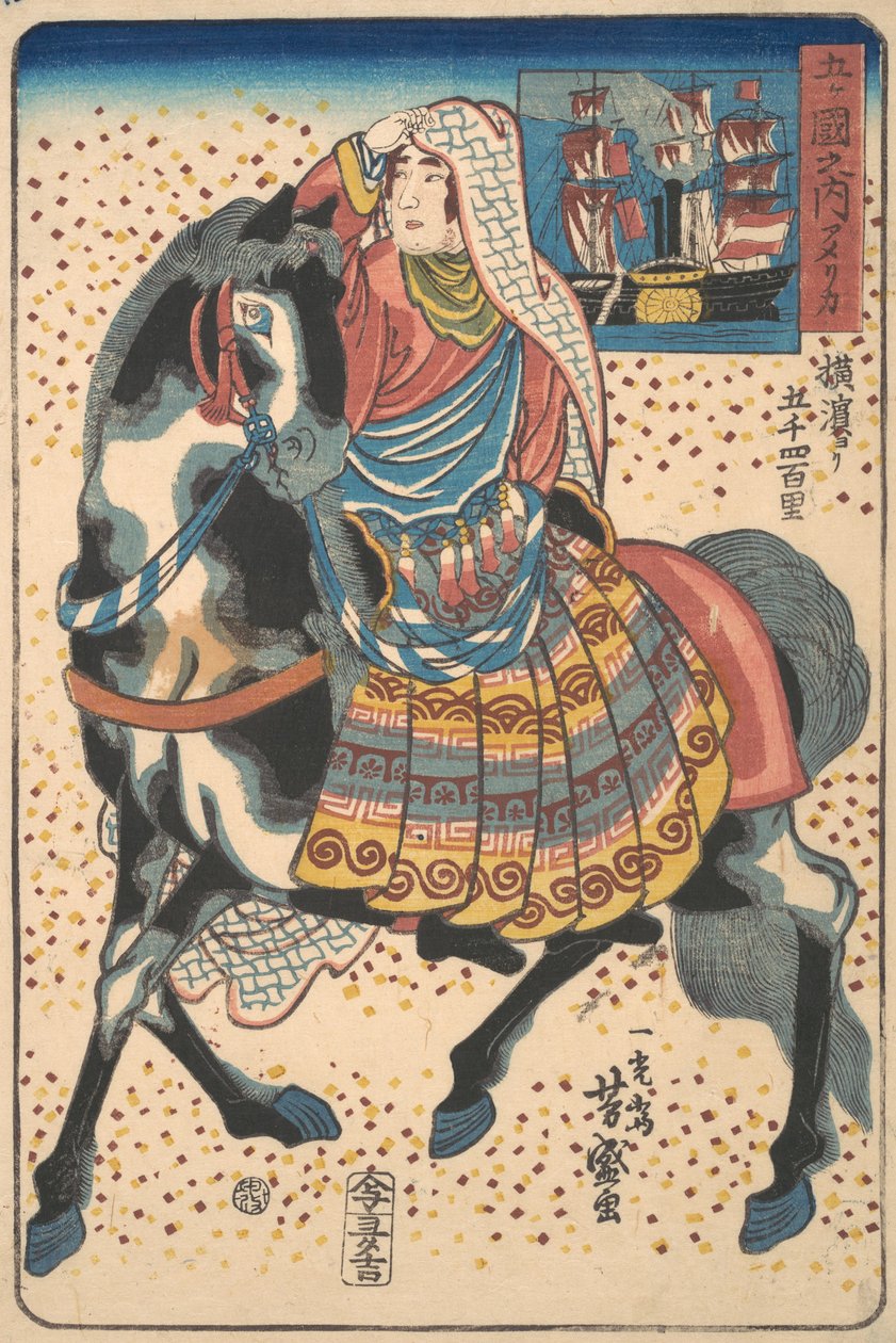 Amerikanische Frau zu Pferd von Utagawa Yoshimori