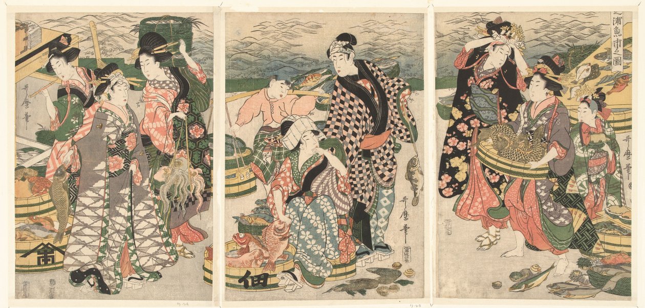 Ansicht des Fischmarktes am Strand von Shiba von Utamaro (II) , Kitagawa