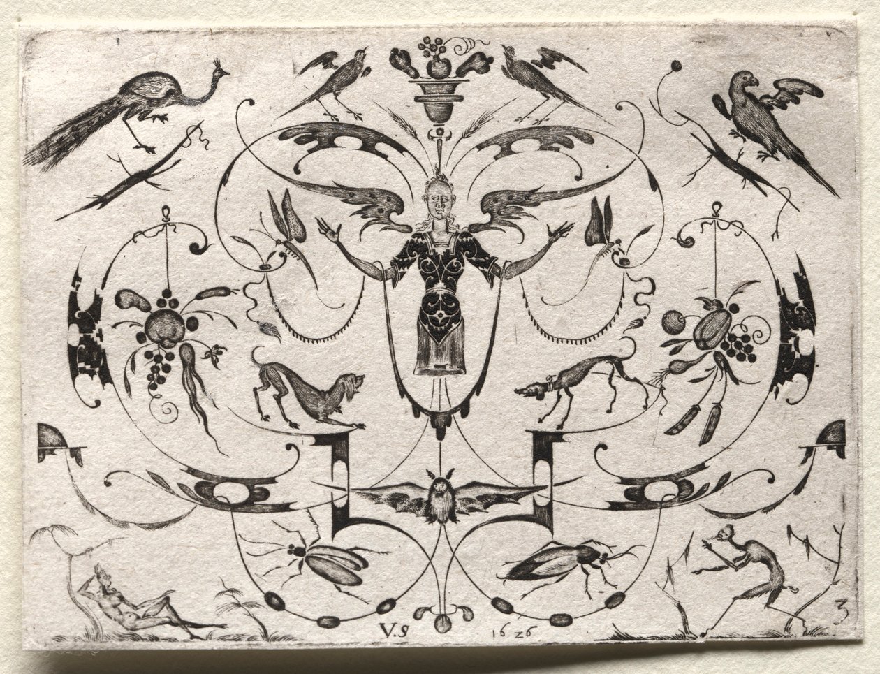 Arabeske mit Pfau, Sittich, Hunden und Insekten von Valentin Sezenius