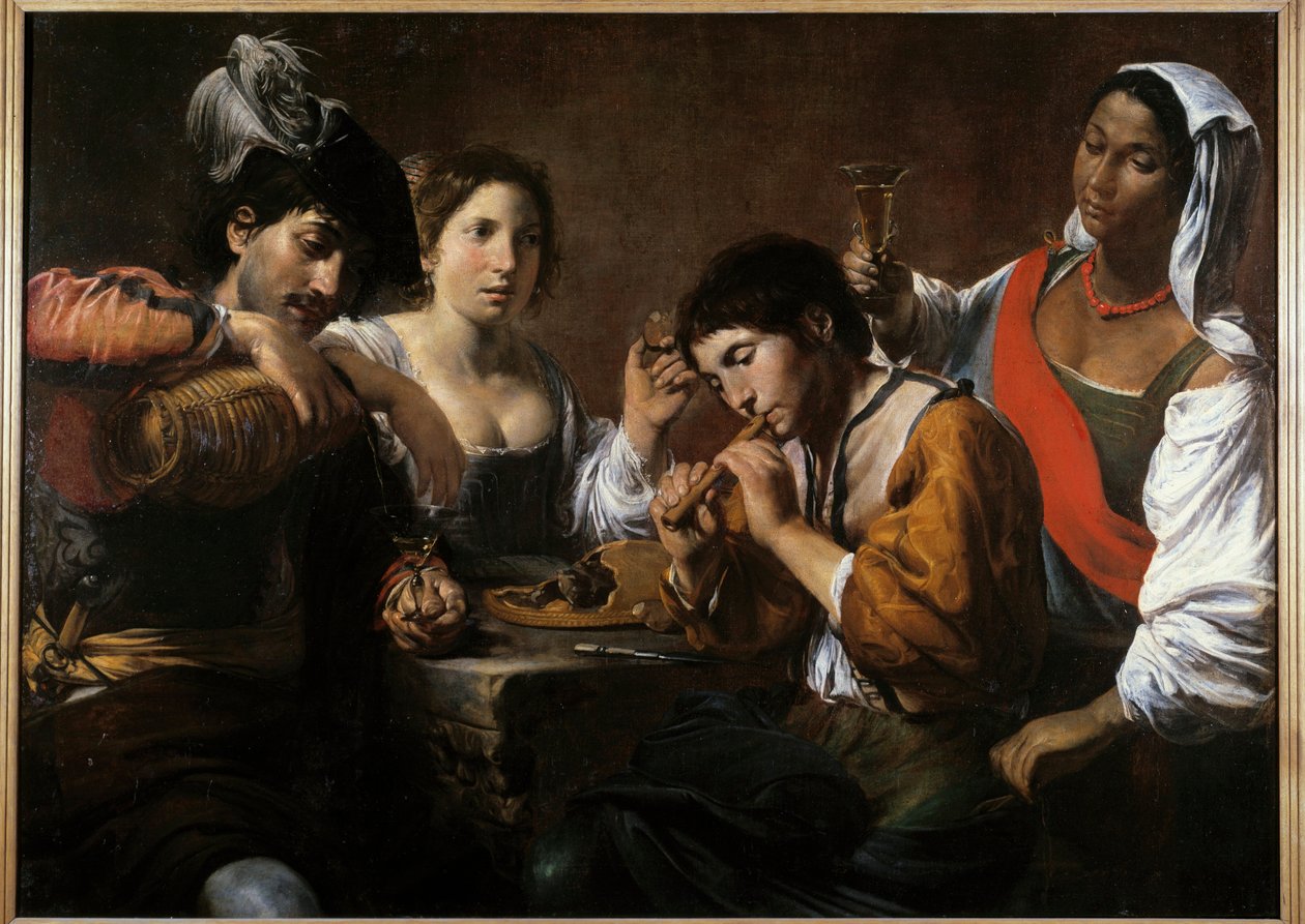 Treffen in einem Kabarett Gemälde von Valentin de Boulogne (1591-1632) 17. Jahrhundert von Valentin de Boulogne