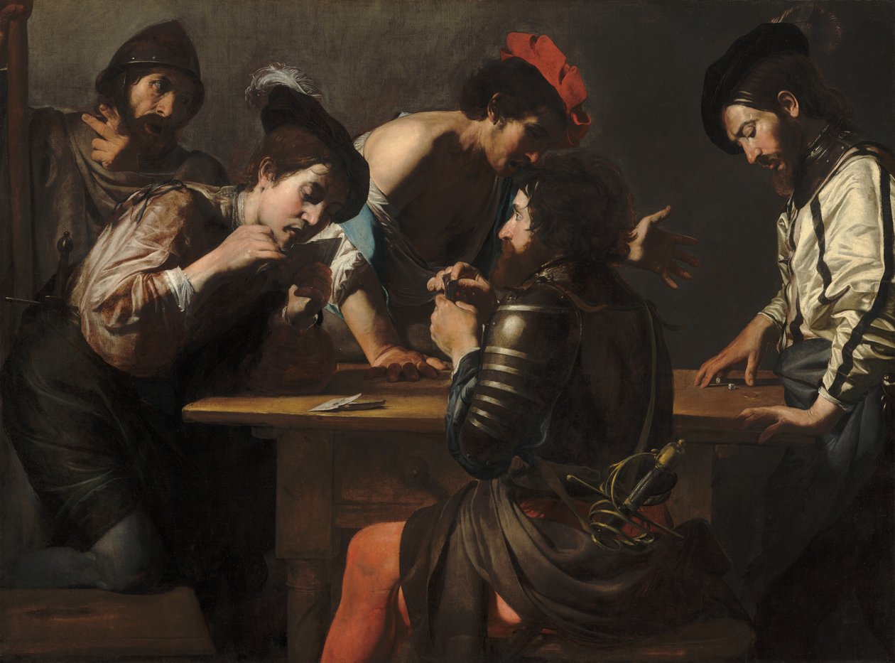 Soldaten spielen Karten und Würfel (Die Betrüger), um 1618-1620 von Valentin de Boulogne