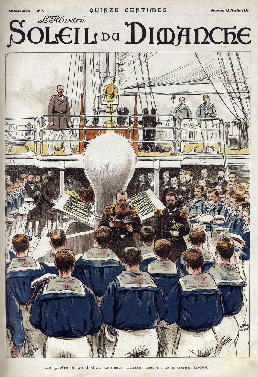Das Gebet der Matrosen an Bord eines russischen Kreuzers. Nach einem Aquarell von Herrn Gribayedoff. Gravur in „Le soleil-du-dimanche“ von Valerian Gribayedoff