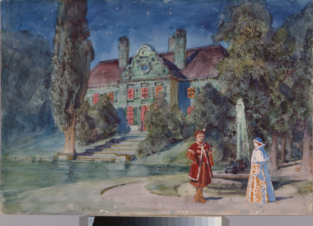 Bühnenbildentwurf, ein Garten vor einem Haus, für die Oper "Boris Godunow" von Modest Mussorgski von Vasilij Dmitrievich Polenov