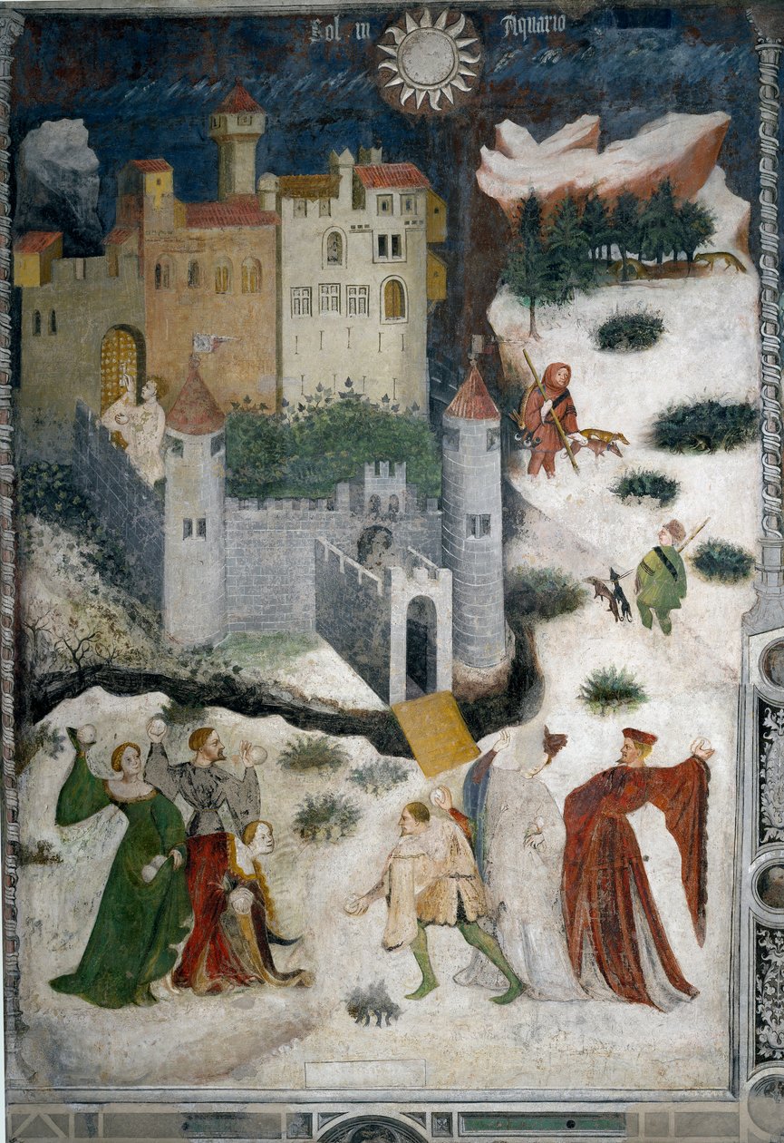Monat Januar: verschneite Landschaft mit Aristokraten und Jägern von Venceslao Maestro