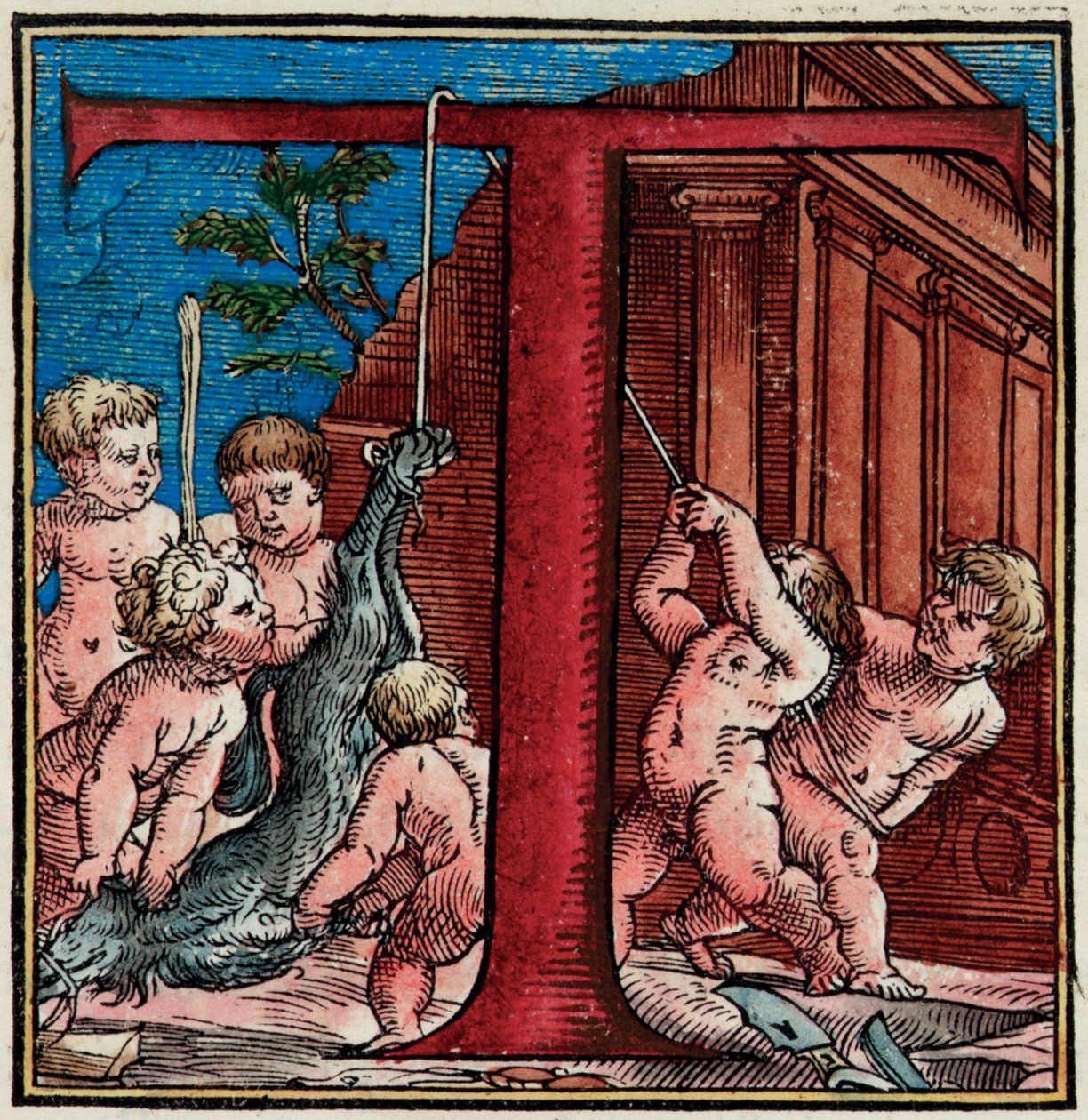 Initiale T, Detail aus einer Seite von "De Humani Corporis Fabrica Libri Septem" von Andreas Vesalius von Venetian School
