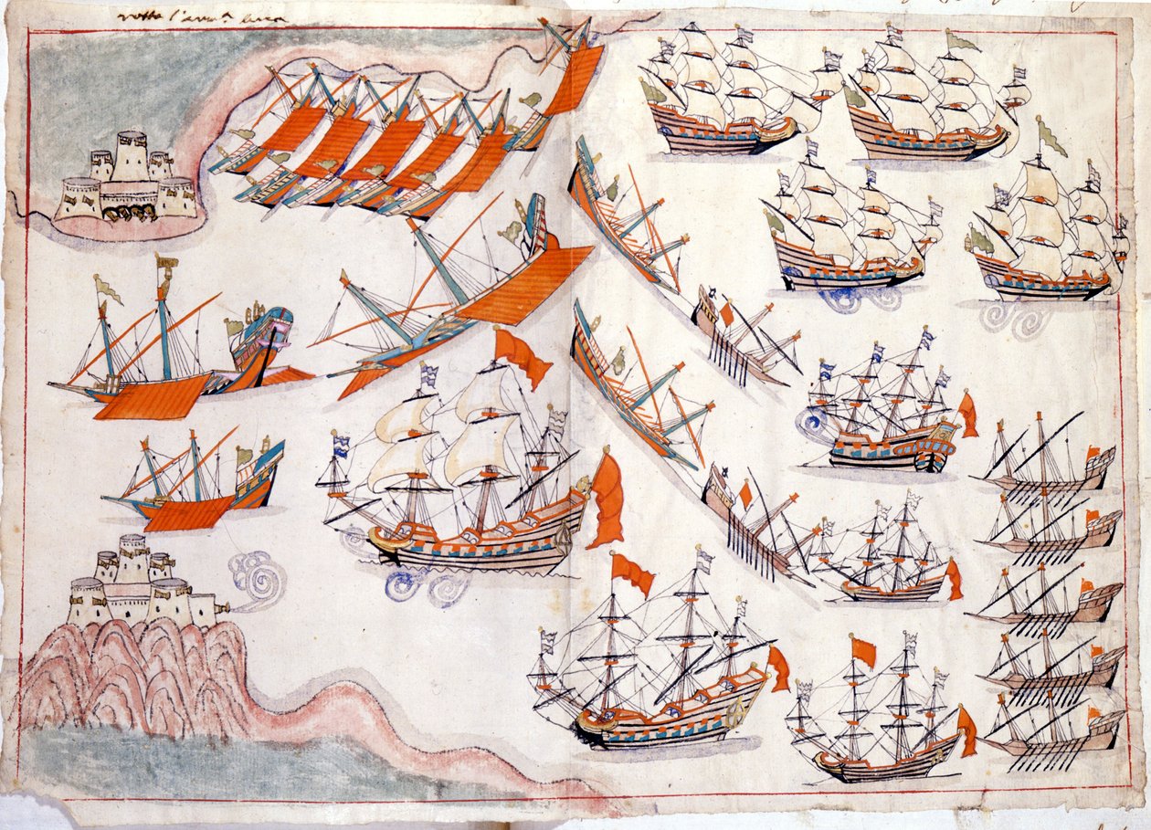 Krieg zwischen Venedig und dem Osmanischen Reich: Schlacht der Dardanellen, die den Sieg des venezianischen Kapitäns Lorenzo Marcello im Jahr 1655 sah (Aquarell) von Venetian School