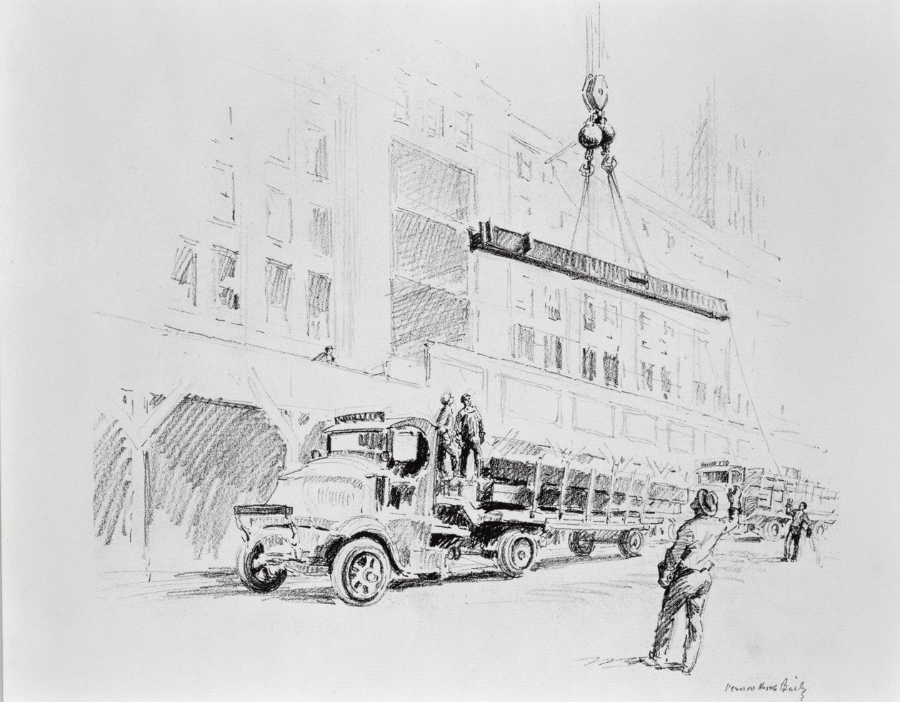 Stahlträger wird vom Lastwagen hochgezogen, um beim Bau des Empire State Building verwendet zu werden, veröffentlicht von William Edwin Rudge von Vernon Howe Bailey