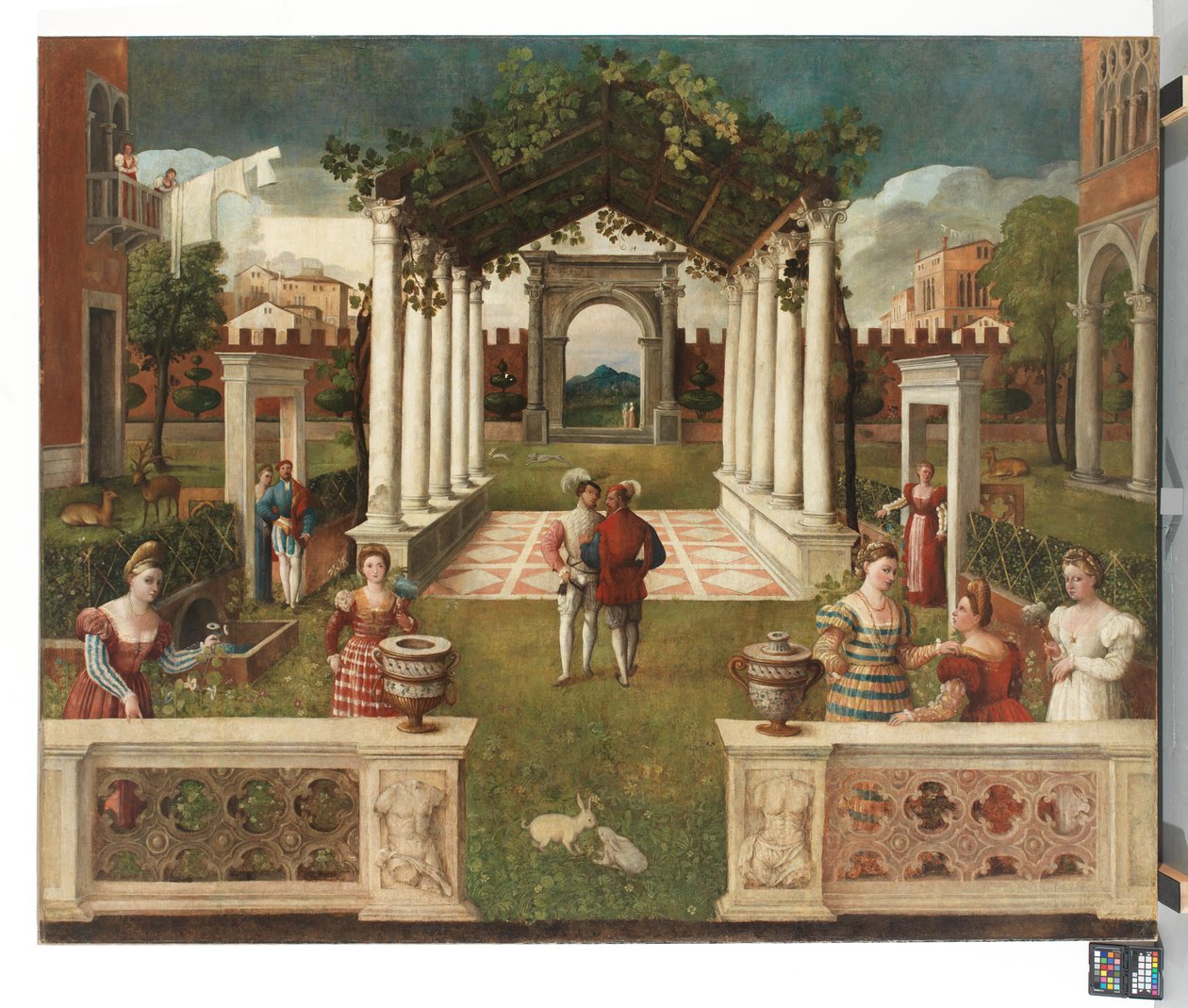 Klassischer architektonischer Garten mit eleganten Figuren, eine bergige Landschaft im Hintergrund, ca. 1530 von Veronese School