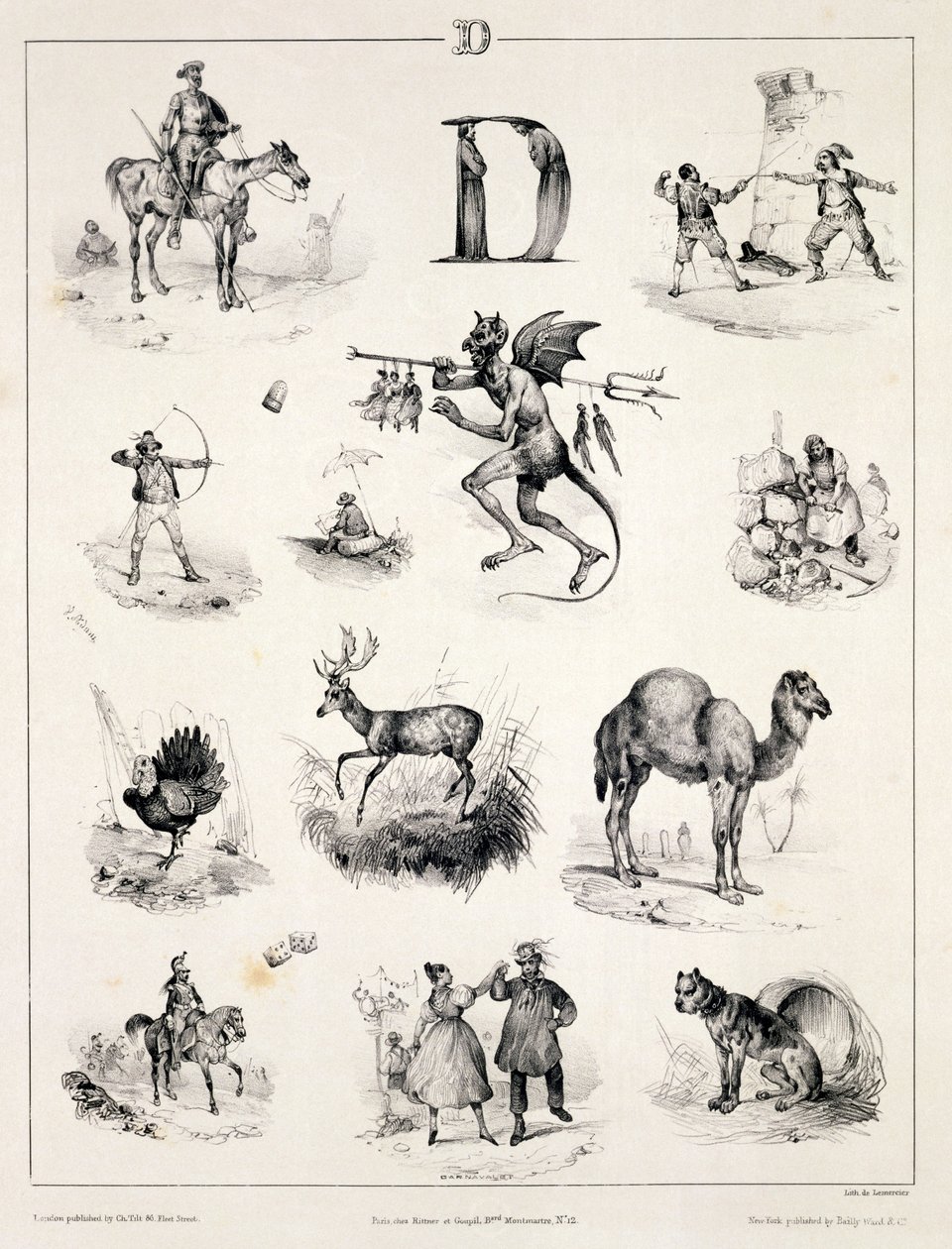 Buchstabe D aus einem Alphabet-Lehrbuch, 1832 von Victor Adam