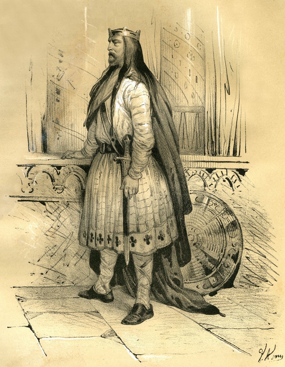 Clodion der Haarige, Anführer der salischen Franken von etwa 428 bis zu seinem Tod 447, wahrscheinlich Vorfahre der Merowinger. Gravur von Victor Adam (1801-1866) im Buch „Frankreich im Mittelalter“ veröffentlicht von den Ardant-Brüdern Mitte des 19. Jahrh von Victor Adam
