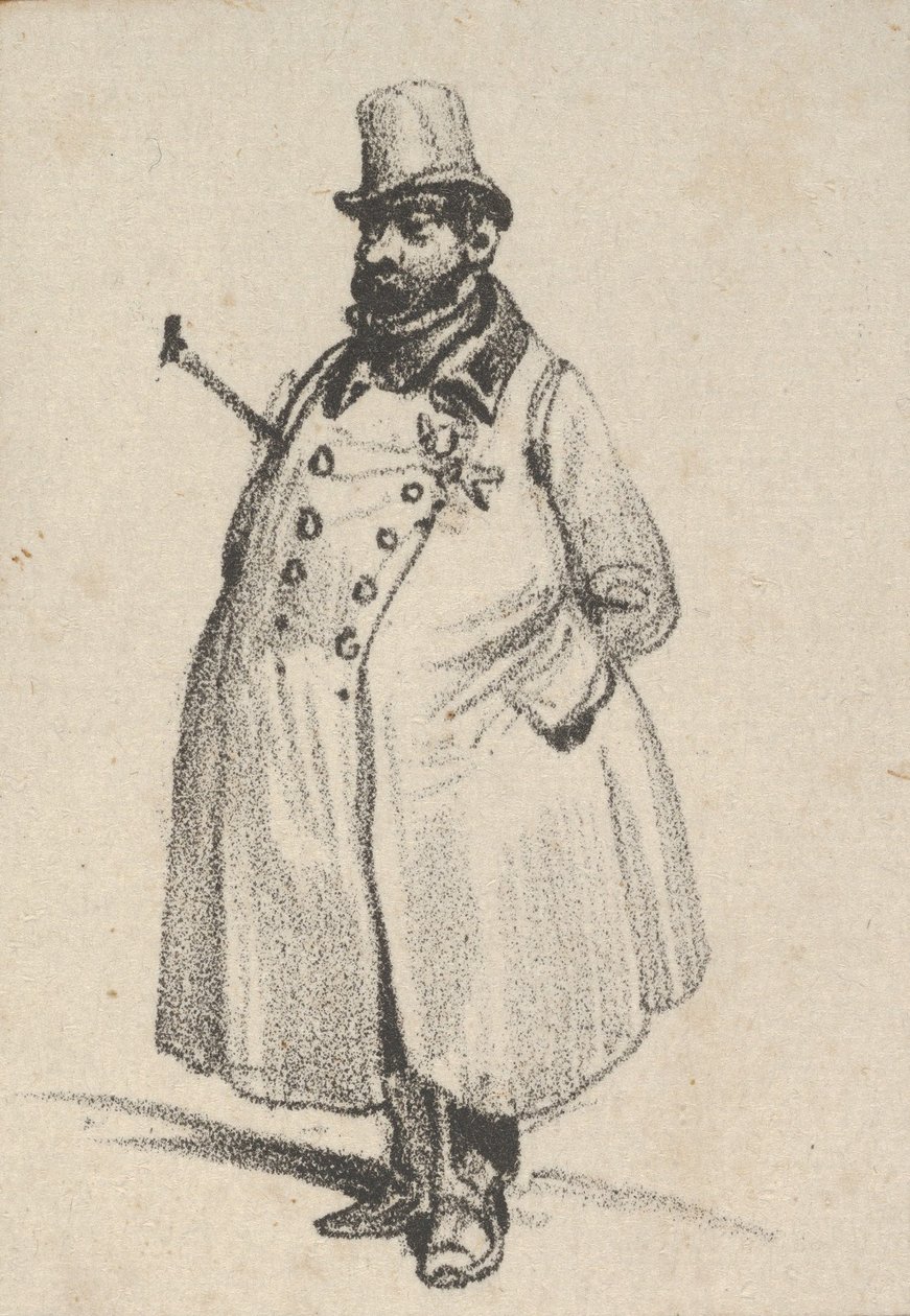 Mann mit Mantel und Hut mit einem Stock unter dem Arm, Mitte des 19. Jahrhunderts von Victor Adam