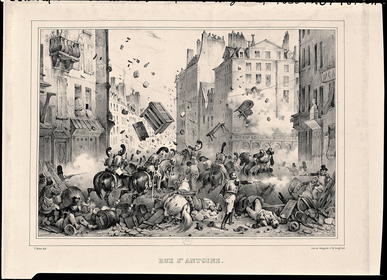 Rue Saint-Antoine im Juli 1830, graviert von H. Delaporte von Victor Adam