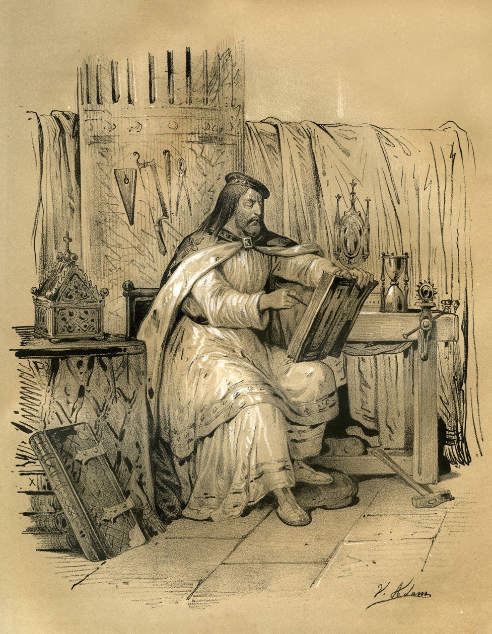 Saint Eloi (ca. 588-660), Goldschmied und Schatzmeister des Königs der Franken Dagobert I., dann Bischof von Noyon ab 641 bis zu seinem Tod. Gravur von Victor Adam (1801-1866) im Buch „Frankreich im Mittelalter“ veröffentlicht von den Ardant-Brüdern von Victor Adam