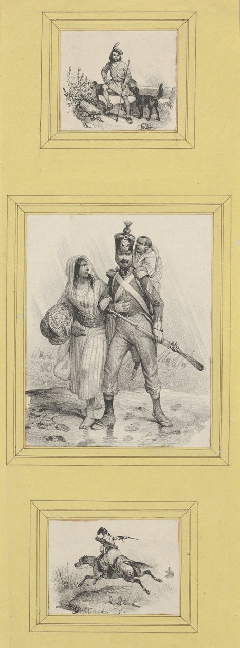 Soldaten und ein Highlander (3 Drucke unterschiedlicher Größe auf ein gelbes Blatt geklebt) von Victor Adam