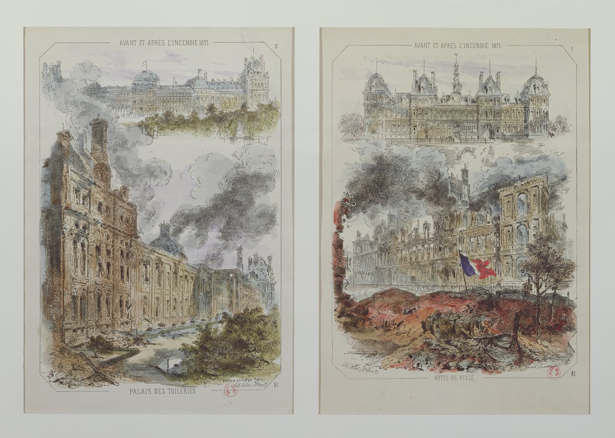 Ansichten des Tuilerienpalastes und des Hôtel de Ville vor und nach den Bränden von 1871 von Victor Coindre