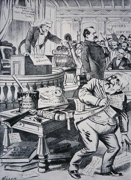 Grover Cleveland (1837-1908) erzählt die Wahrheit über sein Privatleben, während sein Gegner James Blaine (1830-93) als korrupt dargestellt wird von Victor Gillam