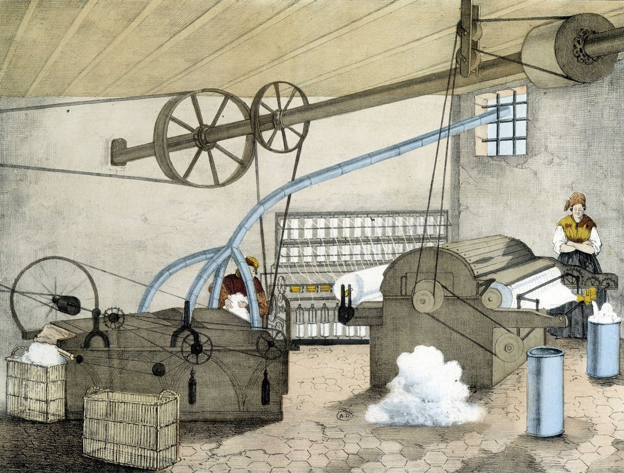 Mechanisches Spinnen - Litho von Janson. 19. Jahrhundert. von Victor Janson