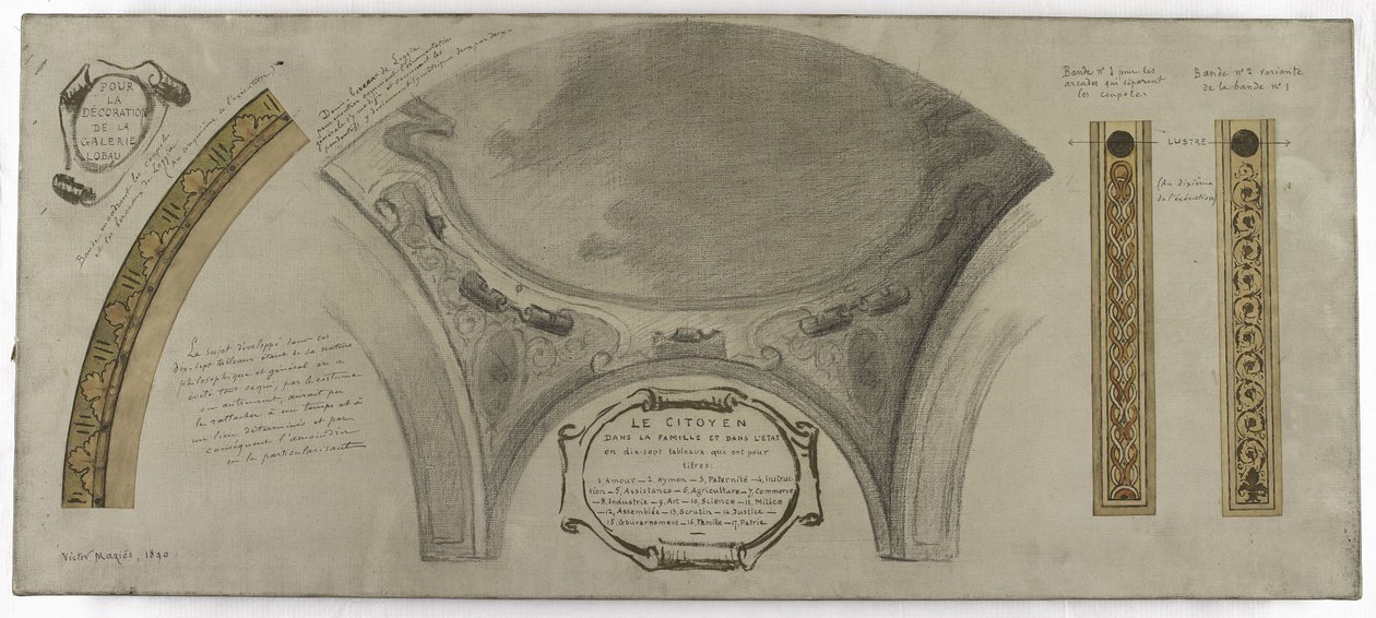 Skizze für die Galerie Lobau, Hôtel de Ville, Paris: Ornamentales Projekt für eine Kuppel von Victor Jean Pierre Maziès