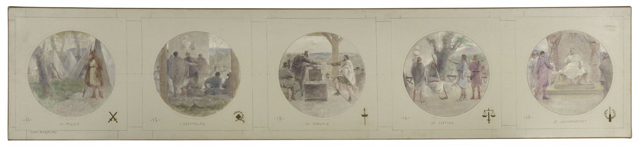 Skizze für die Lobau-Galerie des Hôtel de Ville de Paris: La Milice. Die Versammlung. Abstimmung. Gerechtigkeit. Die Regierung von Victor Jean Pierre Maziès