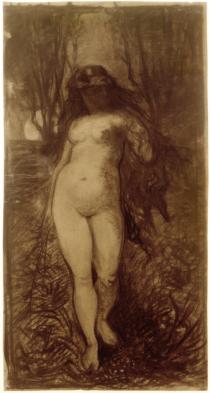 Weiblicher Akt in nächtlicher Landschaft bei aufgehendem Vollmond von Victor Müller