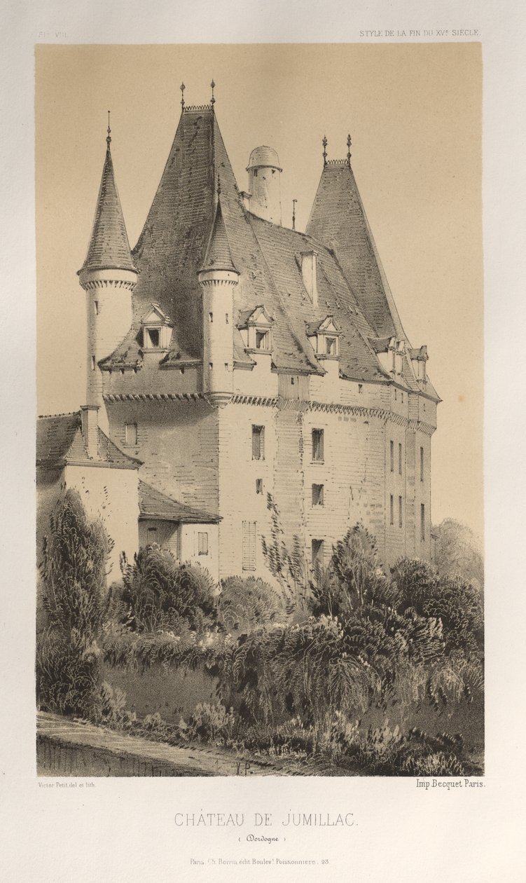 Architektur Pittoresque oder Denkmäler des 15. und 16. Jahrhunderts: Schlösser Frankreichs des 15. und 16. Jahrhunderts: Pl. 51, Schloss von Jumillac (Dordogne) von Victor Petit