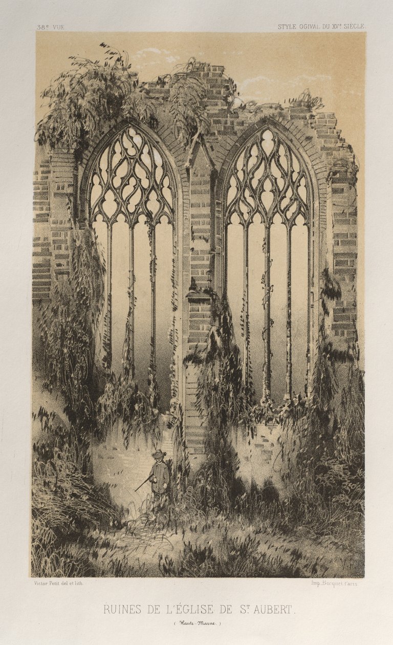 Architektur Pittoresque oder Denkmäler des 15. und 16. Jahrhunderts: Schlösser Frankreichs des 15. und 16. Jahrhunderts: Pl. 38, Ruinen der Kirche von St. Aubert (Haute-Marne) von Victor Petit